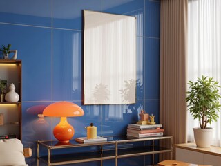 a3 poster in chrome frame, leaning on glossy blue tile wall with retro decor, warm lamp glow, and lisbon plant for cozy, eclectic ambiance
