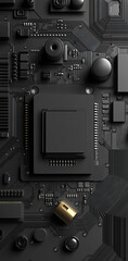 Fototapeta premium Design of a computer circuit on top with Chip in the middle, in a gray color and black background. The electronic components