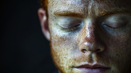 Obraz premium A man with a wise demeanor reflects on life as soft shadows emphasize his features. His downcast eyes evoke nostalgia, creating a profound, introspective atmosphere filled with experience.