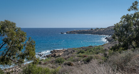Konnos Bay Nature Trail, from Agioi Anargyroi Church to the Cyclops Cave, along the rugged coastline with beautiful sea and coast views, Cape Greco National Forest Park, Ayia Napa, Cyprus   