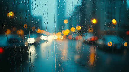 Obraz premium Rain-drenched city street with blurred lights.