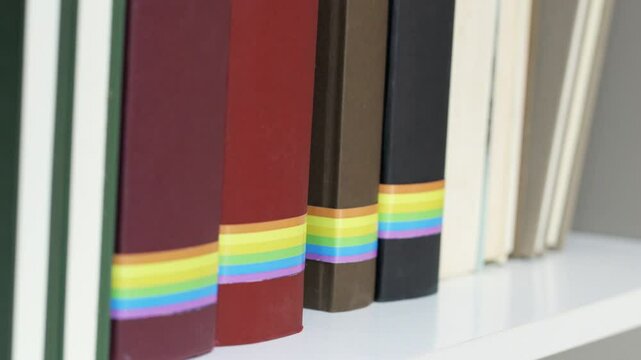 Happy young woman removing a book with rainbow flag from a shelf in a college library