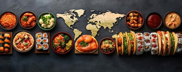 Assorted international dishes arranged in front of a world map, showcasing diverse cuisines from around the globe, symbolizing cultural food exploration.