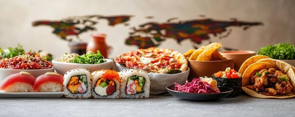 A collage of famous global foods like sushi, pizza, and tacos, with a world map in the background, Culinary Exploration, Vibrant Colors, High Detail