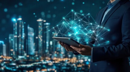 A businessman using a tablet with a layered background of a modern city and a web of digital connections