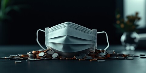 Financial health and safety concept: coins on surgical mask for economic impact representation