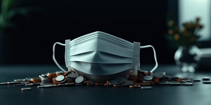 Financial health and safety concept: coins on surgical mask for economic impact representation