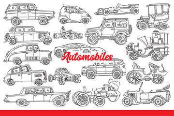 Automobiles with modern and retro bodywork for transporting passengers and racing in competitions. Automobiles or cars for various purposes with steam engine or internal combustion engine. Hand drawn.
