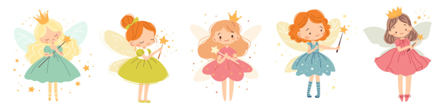 Set of flat vector illustrations in children's style. Cute fairies with magic wands on white background. Vector illustration
