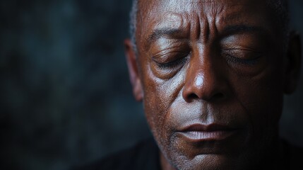 A man with a wise demeanor reflects on life as soft shadows emphasize his features. His downcast eyes evoke nostalgia, creating a profound, introspective atmosphere filled with experience.