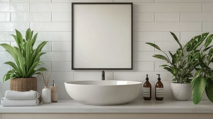 Fototapeta premium Modern bathroom with a blank frame above the sink