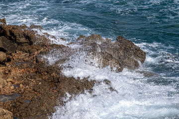 Konnos Bay Nature Trail, from Agioi Anargyroi Church to the Cyclops Cave, along the rugged coastline with beautiful sea and coast views, Cape Greco National Forest Park, Ayia Napa, Cyprus   