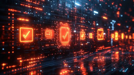 Obraz premium Futuristic digital interface with glowing checkmark icons.