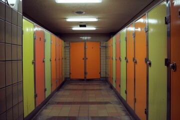 Rows of colorful doors in an empty public bathroom with tiled walls and fluorescent lighting
