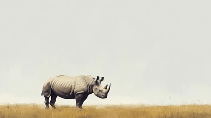 Fototapeta premium hyperrealistic rhinoceros standing alone in the savanna with white background, minimalist style, high resolution, soft shadows, sharp detail