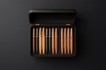 3D rendering of an open fountain pen case displaying a collection of vintage and modern pens, Fountain pen collection, Luxurious and curated