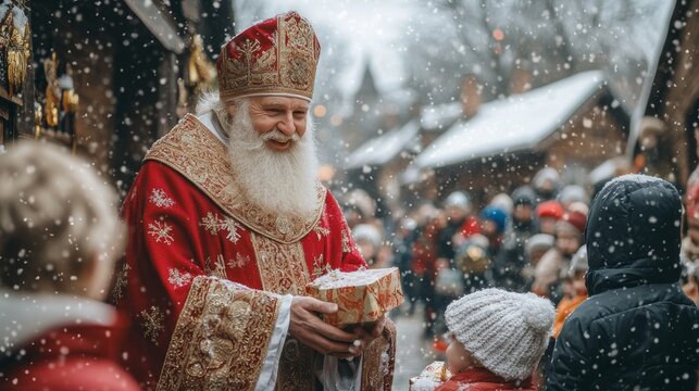 Saint Nicholas shares gifts with children in a warm winter snow-covered village. Kindness and giving