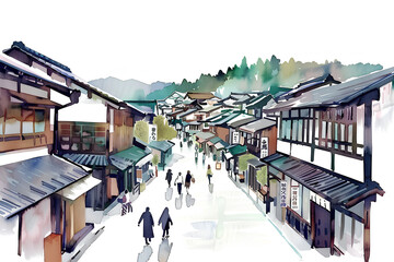 Obraz premium 古い宿場町と観光客の水彩画-2