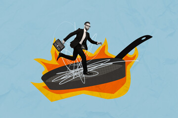 Composite creative art collage of serious businessman run fire burn pan cooking project deadline...