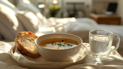 Bowl of soup with bread and water on a cozy bed.
