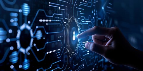 Fototapeta premium Innovative hand pressing button feature in digital support systems.