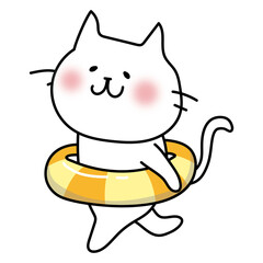 浮き輪を持って走る白い猫