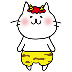 二本の角の鬼の格好をしている白い猫