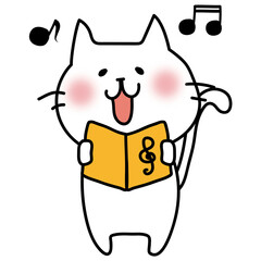 大きく口を開けて歌う白い猫
