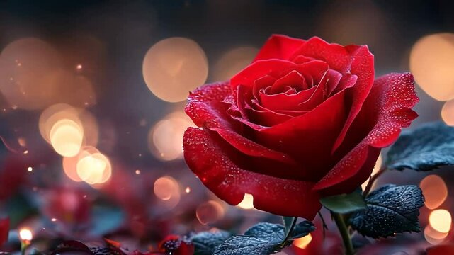 A red rose is the main focus of the image, surrounded by a dark background. The rose appears to be the center of attention, drawing the viewer's eye to it. The dark background creates a sense of depth