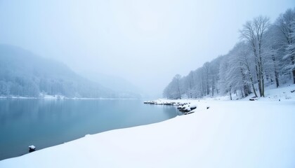 Fototapeta premium Snowy serenity A winter wonderland by the lake