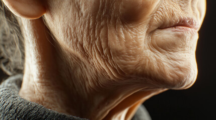 Naklejka premium Close-up of an elderly woman's face, highlighting the wrinkles and texture of her skin.