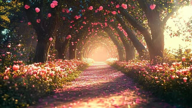 Enchanting Floral Tunnel with Sunlit Pathway