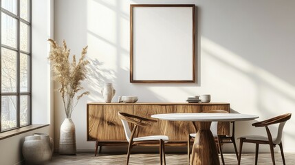 Minimalist dining room with an empty frame on the sideboard