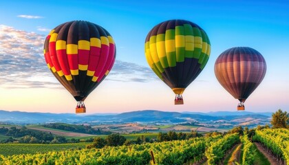 Obraz premium Hot air balloons floating over green vineyards and rolling hills at dawn, with mist hovering just above the ground