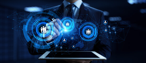 HR Human resources management Recruitment Headhunting. Businessman pressing button on screen.
