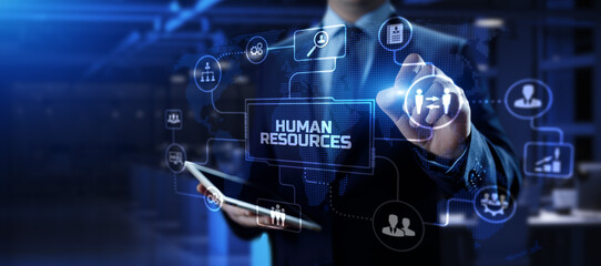 HR Human resources management Recruitment Headhunting. Businessman pressing button on screen.