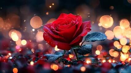 A red rose is the main focus of the image, surrounded by a dark background. The rose is the center of attention and the background is blurry, giving the impression of a dreamy, romantic atmosphere