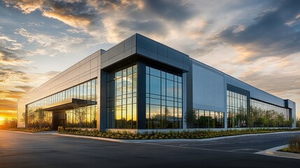 Contemporary office structure featuring expansive glass windows.