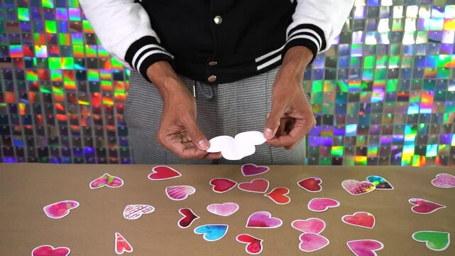 Person arranging colorful heart stickers on table against shiny backdrop
