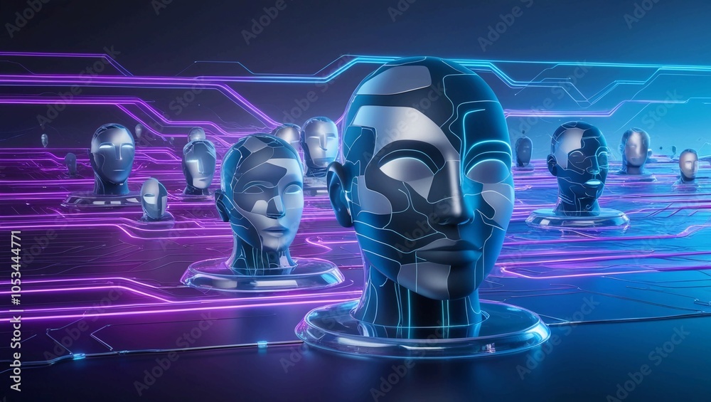 Poster futuristic digital network connections with abstract human icons displayed on holographic interface 