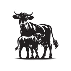 Cow and Calf Silhouette Icon - Vector Illustration on White.