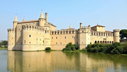 Fototapeta premium Elegant castle by serene lake timeless beauty