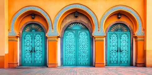 Obraz premium Stunning illustration showcasing Moroccan architecture featuring striking turquoise doors.