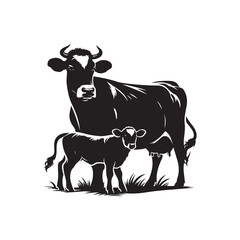 Vector Icon of Cow and Calf Silhouettes - Clean White Background.