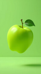 Obraz premium A rich green apple levitates over a green monochrome background, studio lighting, vertical format.