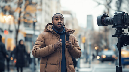 A man in a brown jacket speaks into a microphone while being filmed on a city street.