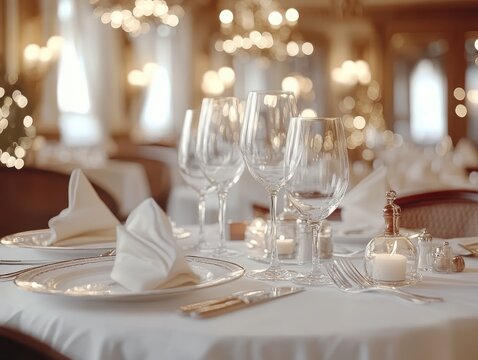 Elegant dining setup with sparkling glassware, white linens, and flickering candles.