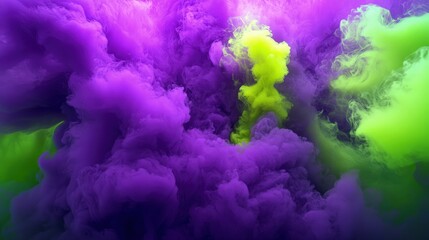 Fototapeta premium Thick purple and neon green smoke merging together at the center, gradually dissipating outward with a glowing, vibrant look, adding a surreal touch to the image.