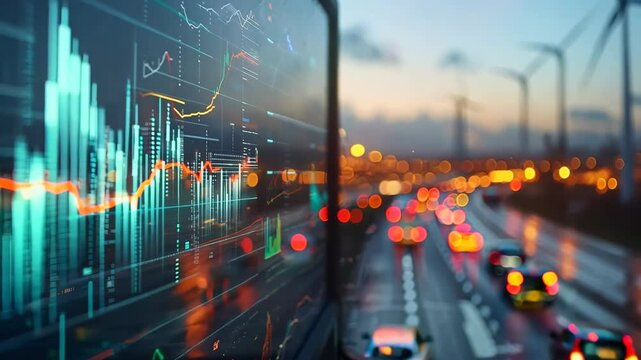 A computer monitor shows a graph of a stock market. The graph is green and red, and it is fluctuating. The image has a mood of uncertainty and unpredictability