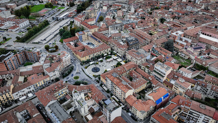 Aerial view of Albas historic town center showcasing charming rooftops and vibrant streets